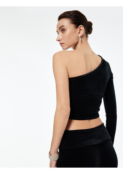 Slim Fit Asimetrik Yaka Uzun Kollu Crop Tek Omuz Kadife Bluz fırsatları