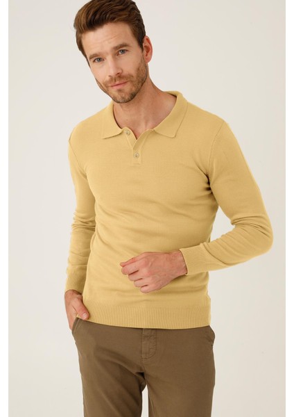 Bej Standart Fit Dar Kalıp Polo Yaka Düz Uzun Kollu Triko