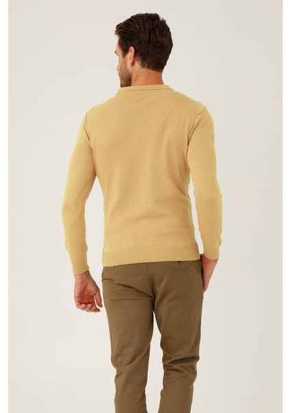 Bej Standart Fit Dar Kalıp Polo Yaka Düz Uzun Kollu Triko fiyatları