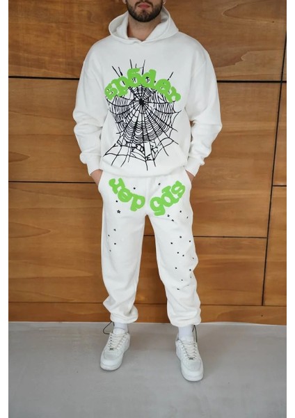 Erkek Kapüşonlu Eşofman Takım Örümcek Ağı ve Neon Yeşil Baskılı Kanguru Cepli Oversize Rahat Kalıp, Premium Üç Iplik Kumaş - Beyaz modelleri