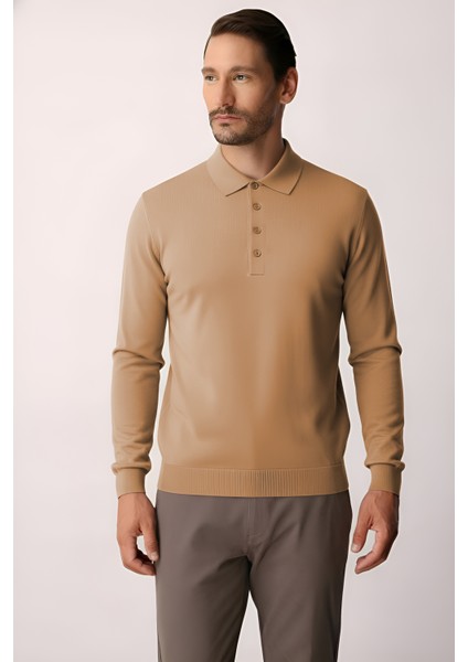 Açık Kahve Standart Fit Dar Kalıp Polo Yaka Düz Uzun Kollu Triko