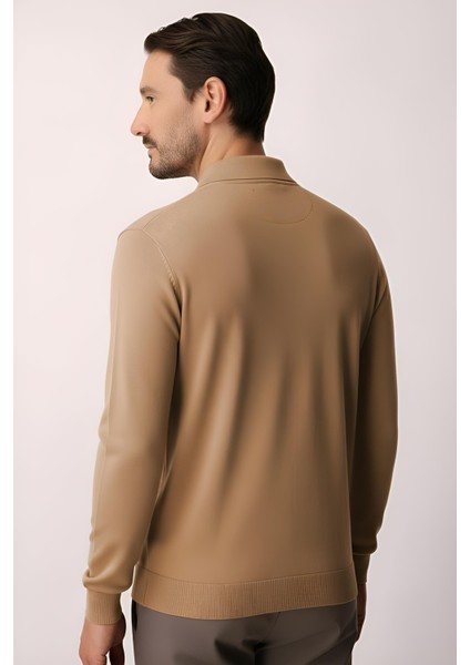 Açık Kahve Standart Fit Dar Kalıp Polo Yaka Düz Uzun Kollu Triko fiyatları