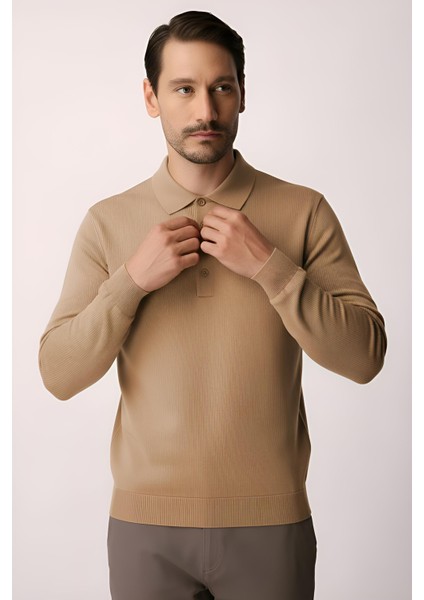 Açık Kahve Standart Fit Dar Kalıp Polo Yaka Düz Uzun Kollu Triko modelleri