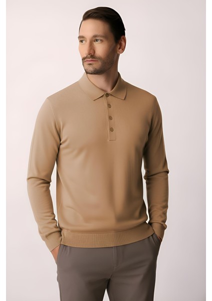 Açık Kahve Standart Fit Dar Kalıp Polo Yaka Düz Uzun Kollu Triko fırsatları