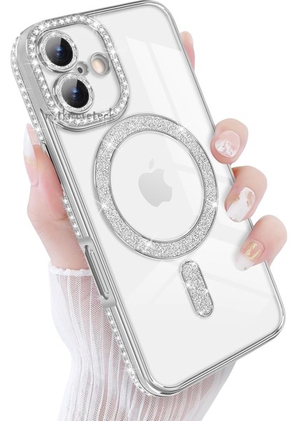 Apple iPhone 17 Kılıf Simli Taşlı Lens Korumalı Arkası Şeffaf Kenarı Renkli Parlak Magsafe Kapak