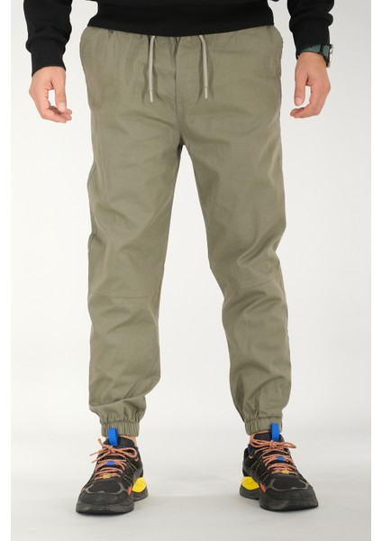 Erkek Açık Haki Jogger Pantolon Rahat Kesim Pamuklu Lastikli Paça Ipli