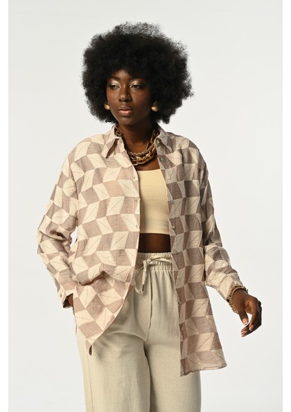 Kadın Geometrik Desenlii Oversize Gömlek