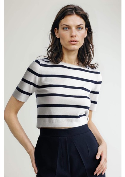 Fitted Bisiklet Yaka Çizgili Kısa Kollu Triko Tişört C2042AX25SP