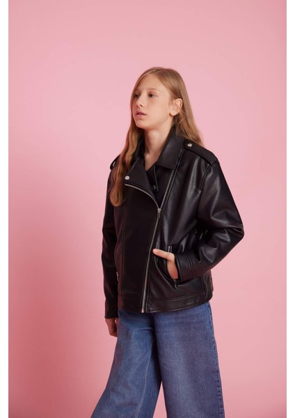 Kız Çocuk Su Geçirmez Fermuarlı Suni Deri Ceket Mont C4976A825AU