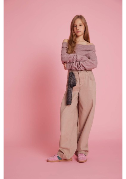 Kız Çocuk Baggy Fit Leopar Fular Detaylı Gabardin Pantolon G3696A825WN