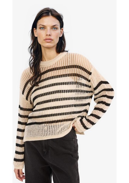 Regular Fit Bisiklet Yaka Çizgili Triko Kazak E6994AX25SM