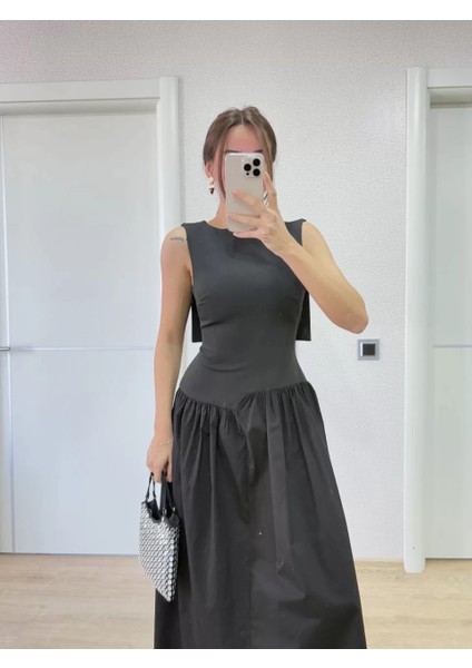 Krep Arkası Kanat Arka Ön Pens Detaylı Uzun Kadın Elbise - Siyah