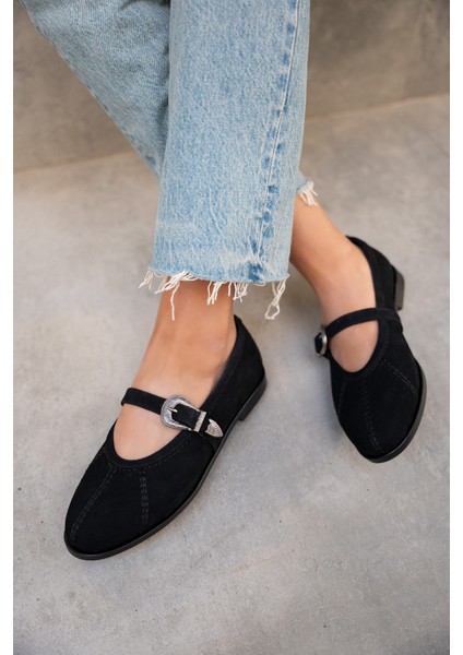 Opsis Siyah Süet Düz Taban Kemer Detaylı Babet modelleri