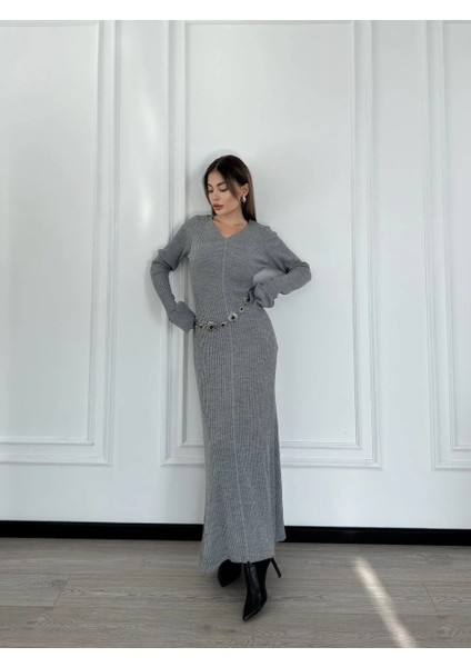V Yaka Fitilli Uzun Elbise- Gri