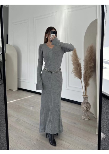 V Yaka Fitilli Uzun Elbise- Gri fiyatları