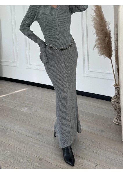 V Yaka Fitilli Uzun Elbise- Gri modelleri