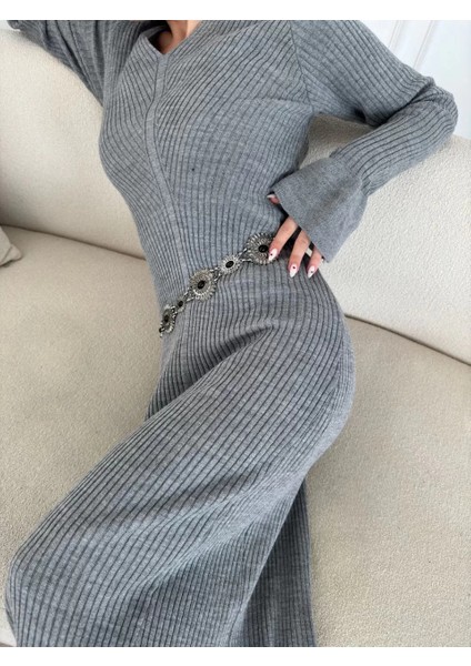 V Yaka Fitilli Uzun Elbise- Gri fırsatları