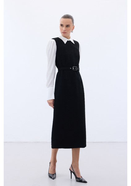 Kemerli Tüvit Elbise - Ekru