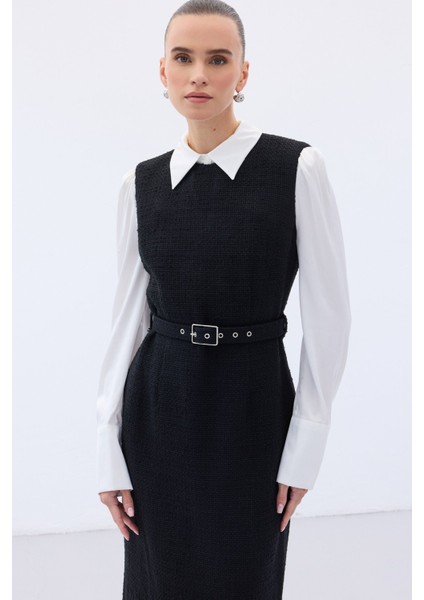 Kemerli Tüvit Elbise - Ekru indirimleri