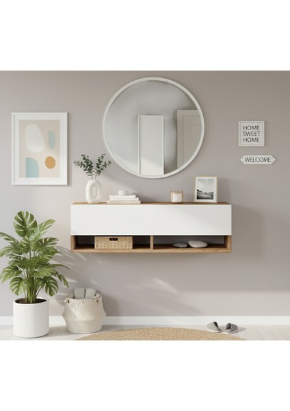 Lia Aynalı Dresuar Hol Antre Dresuar Duvara MONTE100CM Atlantik Çam - Beyaz
