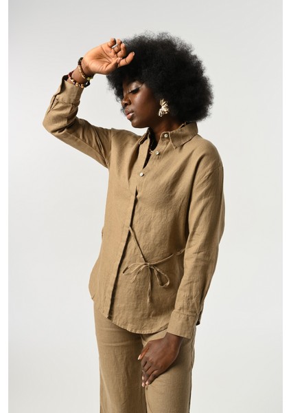 Kadın %100 Keten Önü Bağlama Detaylı Gömlek fiyatları