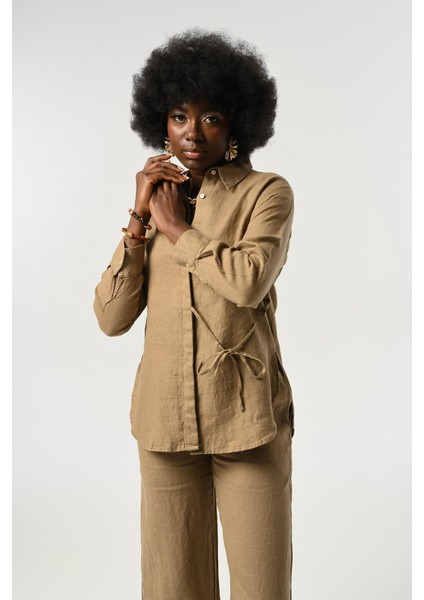 Kadın %100 Keten Önü Bağlama Detaylı Gömlek modelleri