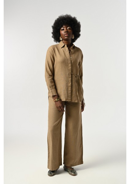Kadın %100 Keten Önü Bağlama Detaylı Gömlek fırsatları