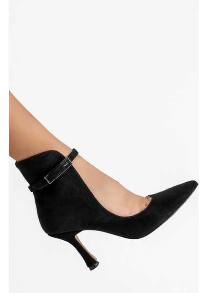 Topuklu Gri Süet Kadın Açık Bot Bilekten Ayarlanabilir Tokalı Model