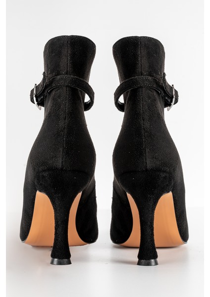 Topuklu Gri Süet Kadın Açık Bot Bilekten Ayarlanabilir Tokalı Model