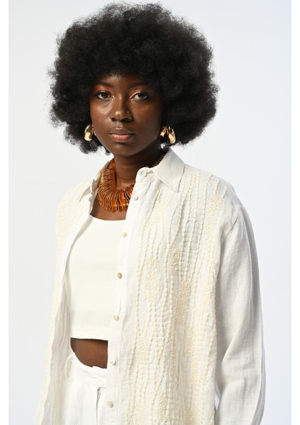 Kadın Nakış ve Pul Payet Işlemeli Beyaz %100 Keten Oversize Gömlek fiyatları