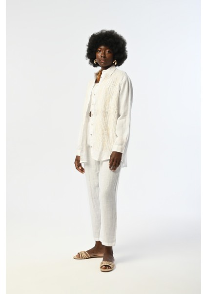 Kadın Nakış ve Pul Payet Işlemeli Beyaz %100 Keten Oversize Gömlek indirimleri