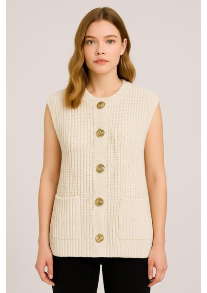 Kadın Önü Gold Düğmeli Örgülü Oversize Kolsuz Triko Yelek