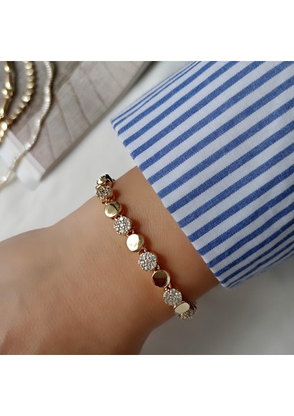 14K Altın Kaplama Zirkon Taşlı Daire Formlu Kadın Bileklik