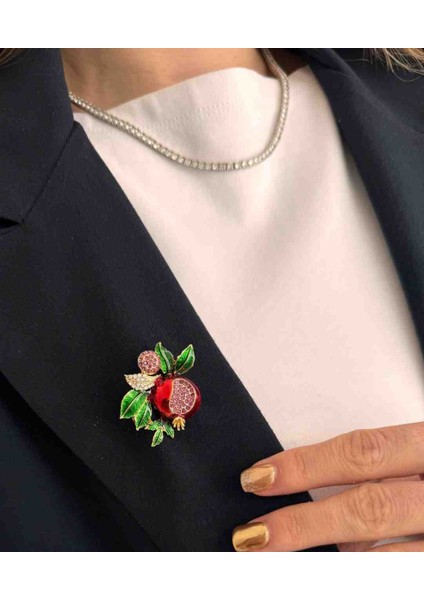 Bereket Simgesi Zirkon Taşlı Nar Broş Kadın Yaka Iğnesi