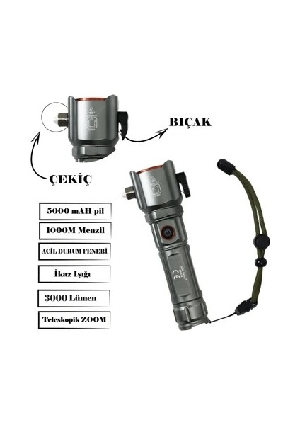 GP-218 Profesyonel Acil Durum El Feneri | 30W – 3000 Lümen – 5000 Mah – Cam Kıracılı, Kemer Kesicili, Zoomlu & Type-C Şarjlı modelleri