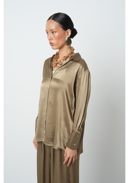 Kadın V Yaka Açık Haki Renk Düz %100 Viskoz Altın Düğmeli Gömlek fiyatları
