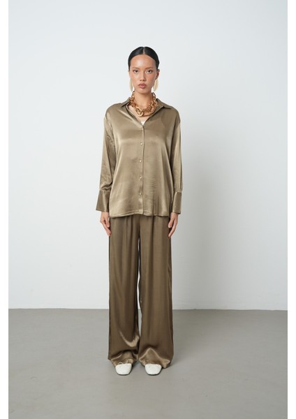 Kadın V Yaka Açık Haki Renk Düz %100 Viskoz Altın Düğmeli Gömlek fırsatları