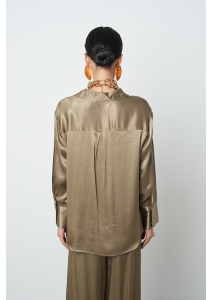 Kadın V Yaka Açık Haki Renk Düz %100 Viskoz Altın Düğmeli Gömlek indirimleri