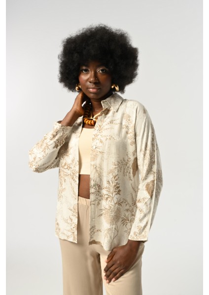 Kadın Yaprak Desenli Krem Rengi Gömlek