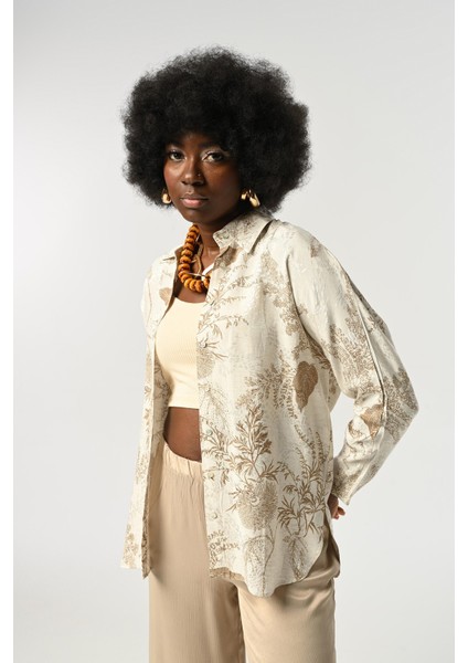 Kadın Yaprak Desenli Krem Rengi Gömlek fiyatları