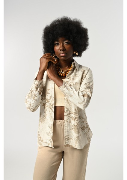 Kadın Yaprak Desenli Krem Rengi Gömlek modelleri