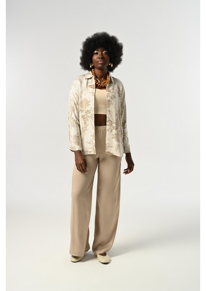 Kadın Yaprak Desenli Krem Rengi Gömlek fırsatları