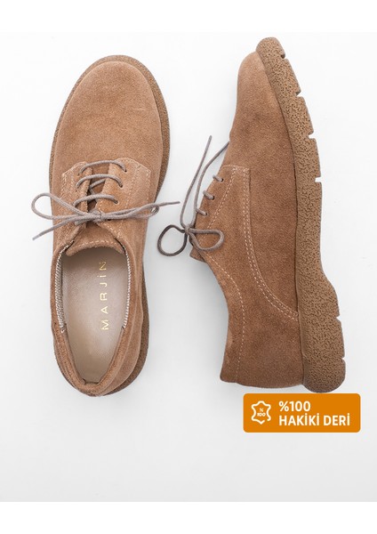 Kadın Deri Oxford Ayakkabı Bağcıklı Günlük Ayakkabı Alyen Taba Süet