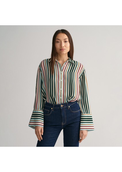 Kadın Yeşil Relaxed Fit Klasik Yaka Çizgili Gömlek