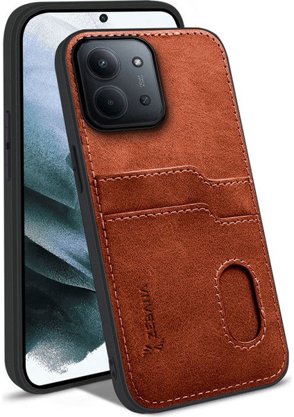 Xiaomi Redmi 15C Uyumlu Kılıf Zebana Kartlıklı Lüx Deri Kılıf Kahverengi