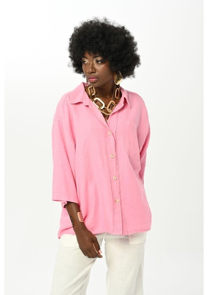 Kadın Düz Renk Tek Cepli %100 Keten Gömlek fiyatları