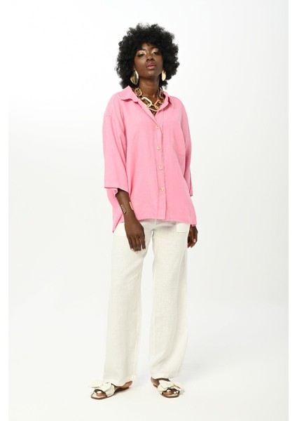 Kadın Düz Renk Tek Cepli %100 Keten Gömlek fırsatları