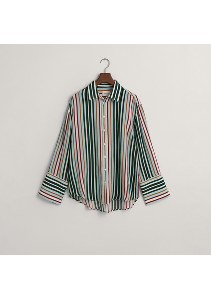 Kadın Yeşil Relaxed Fit Klasik Yaka Çizgili Gömlek fırsatları