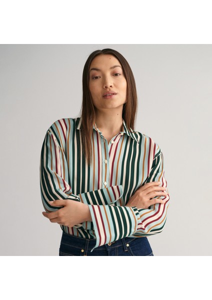 Kadın Yeşil Relaxed Fit Klasik Yaka Çizgili Gömlek indirimleri