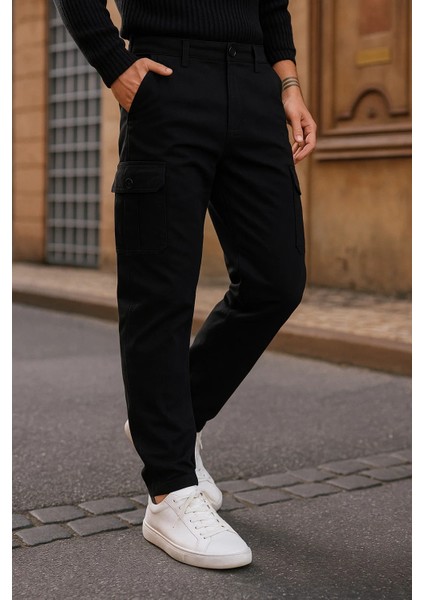 Erkek Bol Paça Trend Yüksek Bel Siyah Kargo Pantolon